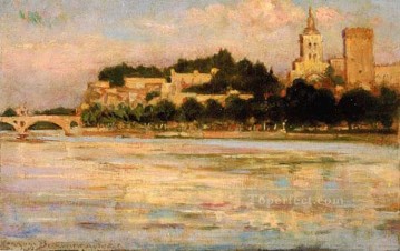 風景 Painting - 教皇宮殿とポン・ダヴィニョンの印象派の風景 ジェームズ・キャロル・ベックウィズ・ビーチ